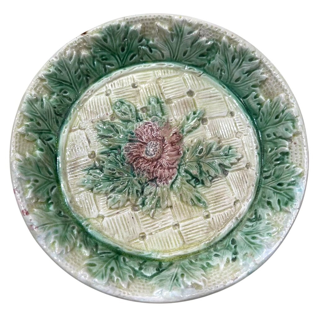 Antique Majolica Pink Flower w/ Green Leaves Plate 5.5"Dia