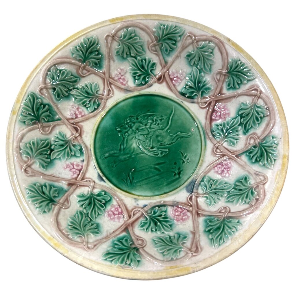 Antique Majolica Pink & Green Cougar w/ Cupid Plate 10"Dia