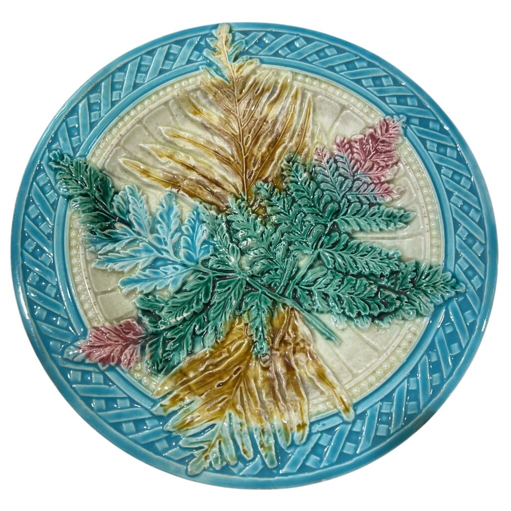 Antique Majolica Blue & Green Basket Weave Plate