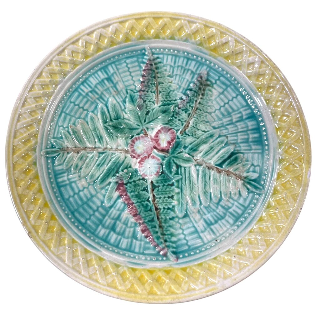Antique Majolica Yellow & Turquoise Basket Weave Plate 9"Dia