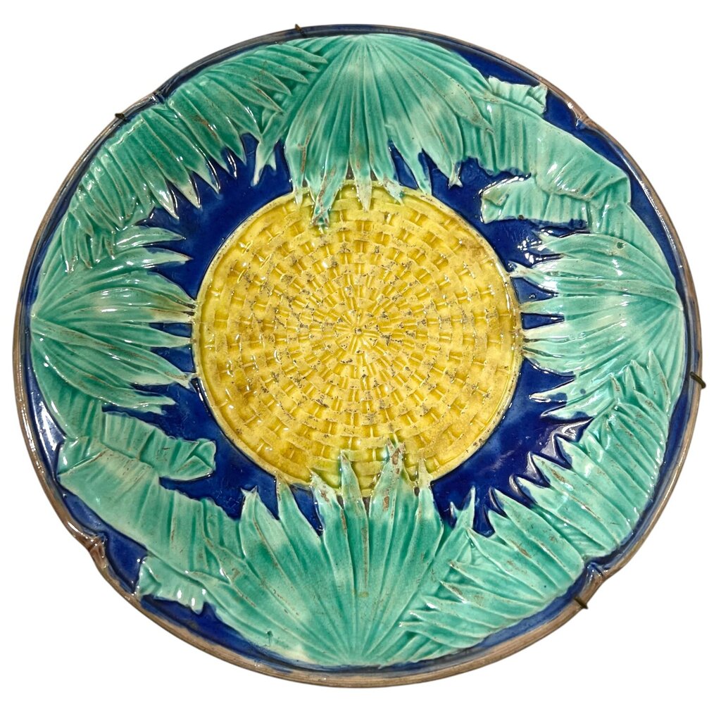 Antique Majolica Palm Tree Leaves & Yellow Basket Weave Plate 9"Dia