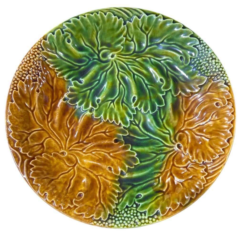Antique Majolica Green & Brown Leaf Plate 8.5"Dia