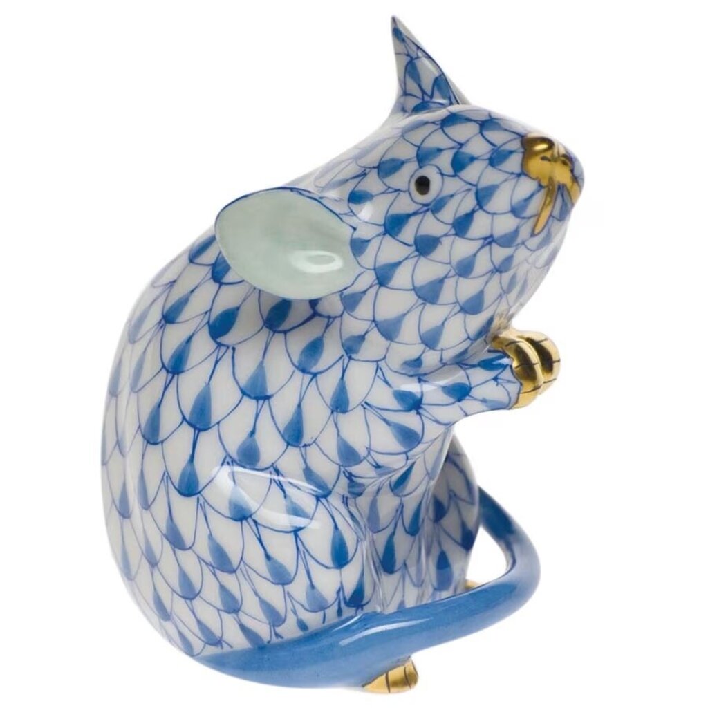 Mouse Sitting Figurine Herend porcelain, from Hungary, handmade and handpainted with 24k gold accents. 2 ¼"h