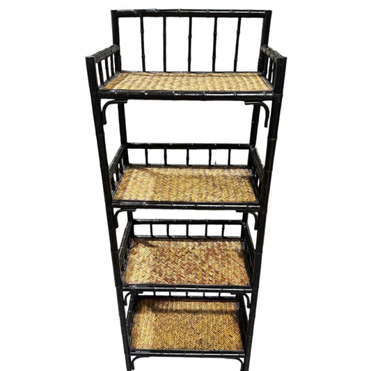 Palecek Black Lacquered Bamboo Étagère w/ 4 Wicker Woven Shelves 24Lx15Wx63H