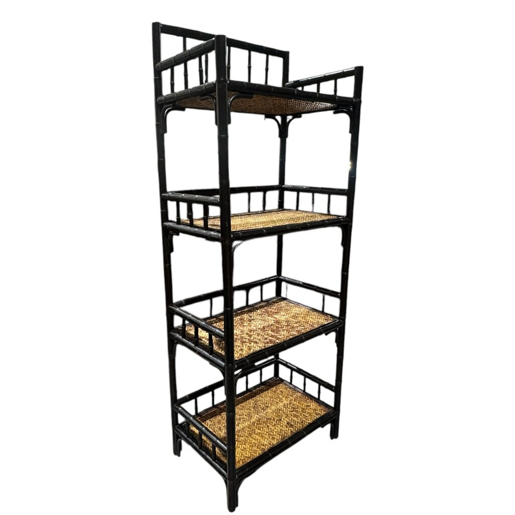Palecek Black Lacquered Bamboo Étagère w/ 4 Wicker Woven Shelves 24Lx15Wx63H