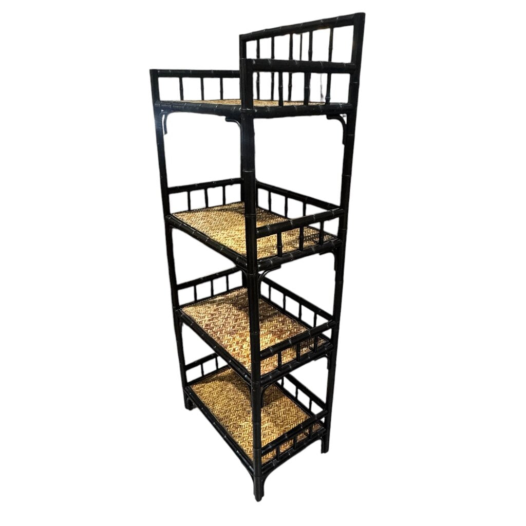 Palecek Black Lacquered Bamboo Étagère w/ 4 Wicker Woven Shelves 24Lx15Wx63H