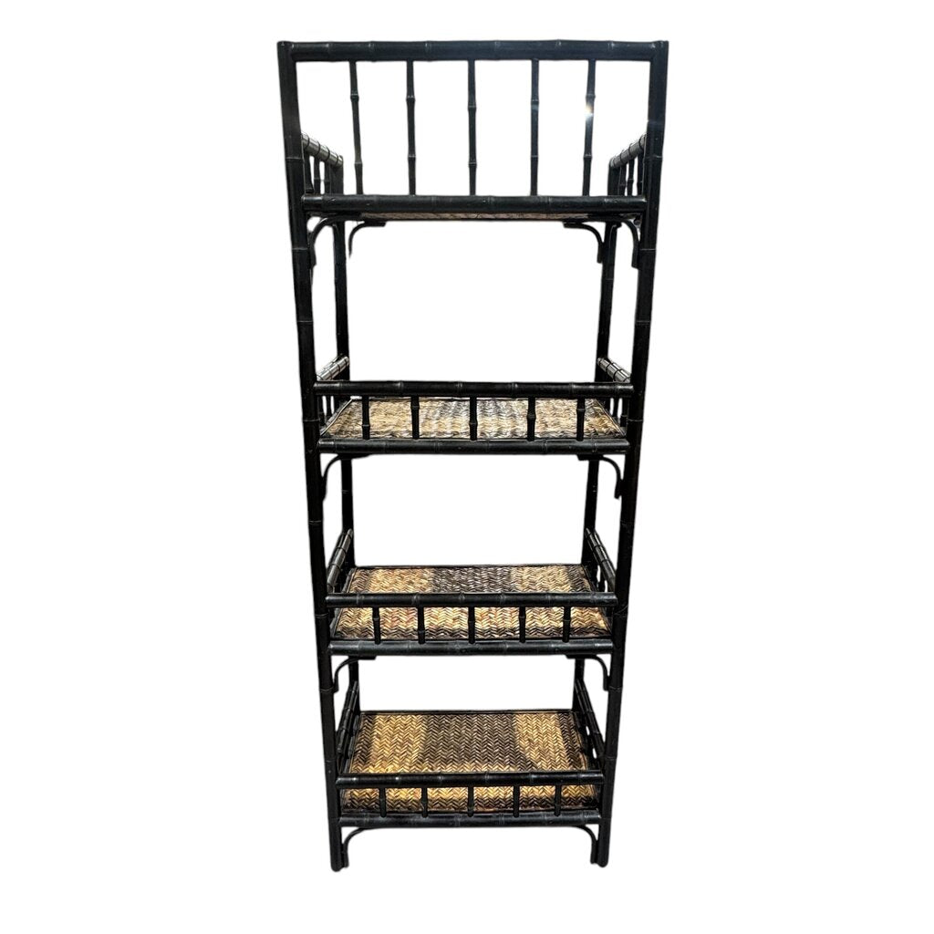 Palecek Black Lacquered Bamboo Étagère w/ 4 Wicker Woven Shelves 24Lx15Wx63H