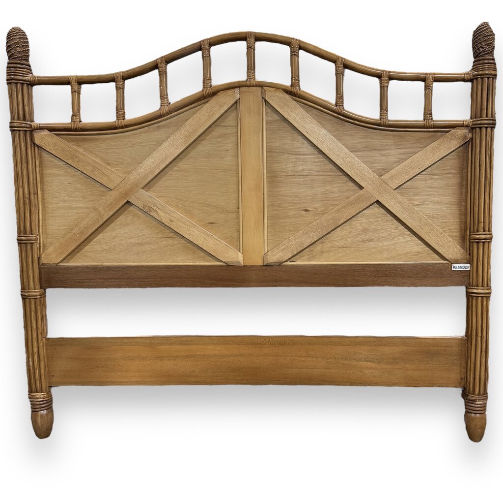West Indies Tommy Bahama Style Rattan Wood Headboard w. Cane Panel Inserts 66Lx57H