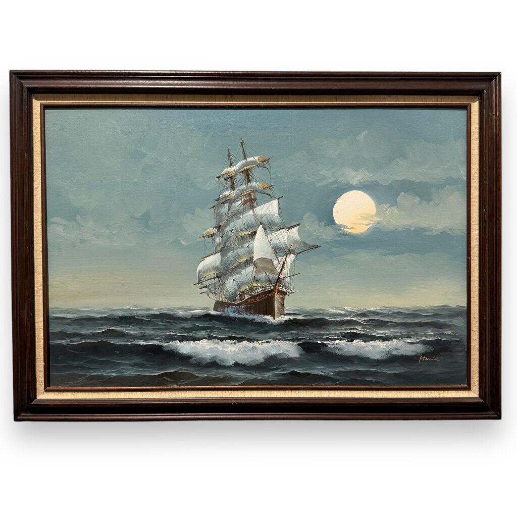 Vintage Framed Oil Painting Ocean Sailing Ship w/ Full Moon 42Wx30H