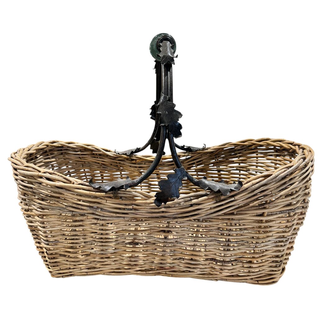 Vintage Maitland Smith Wicker Reed Basket w/ Wrought Iron Leaf Handle & Round Glass 24Lx15Wx18H
