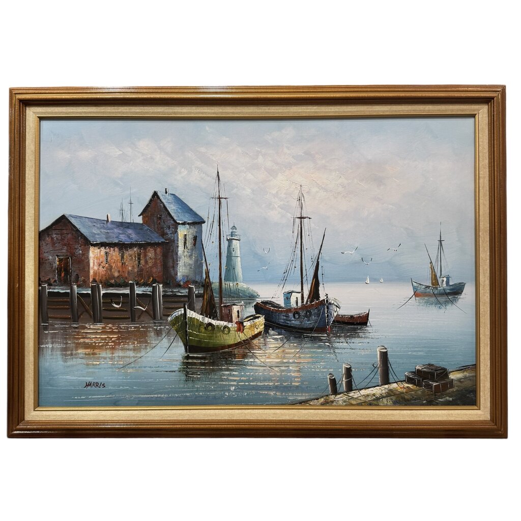 Vintage Nautical Oil Painting of Harbor Scene w/ Lighthouse Fish Houses Docs & Fishing Boats by: Harris 41Lx29H