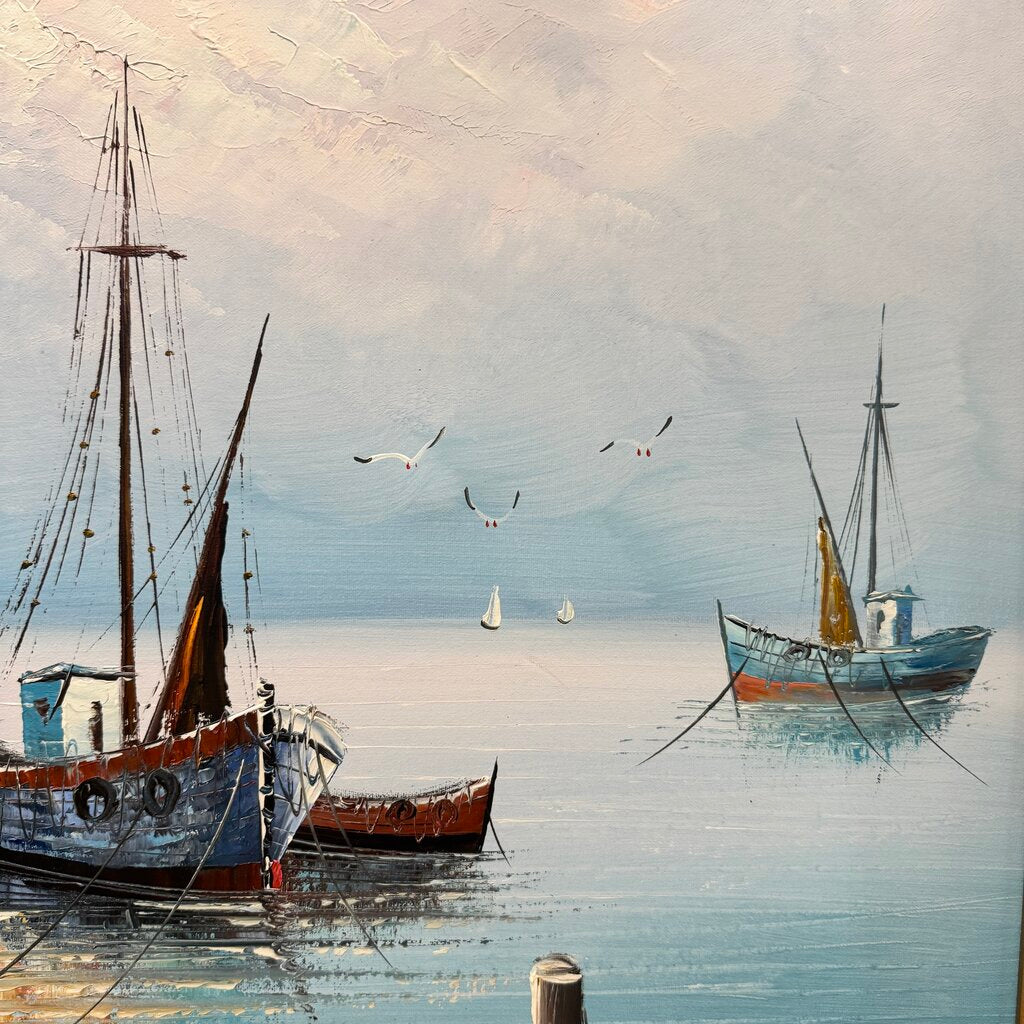 Vintage Nautical Oil Painting of Harbor Scene w/ Lighthouse Fish Houses Docs & Fishing Boats by: Harris 41Lx29H