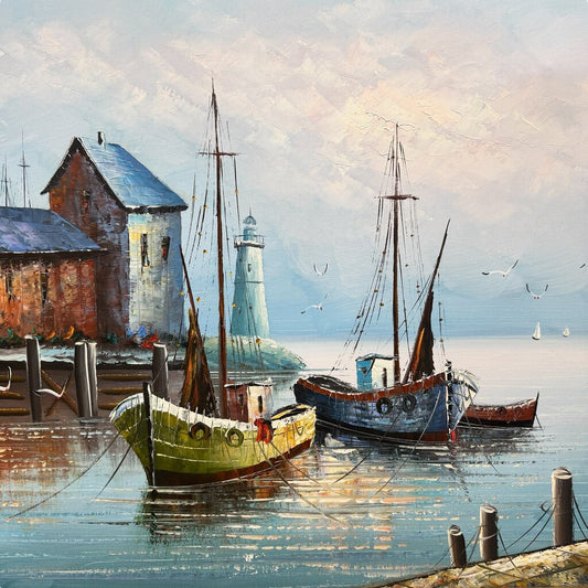 Vintage Nautical Oil Painting of Harbor Scene w/ Lighthouse Fish Houses Docs & Fishing Boats by: Harris 41Lx29H