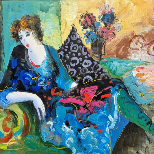 Vintage Colorful Abstract Oil of Woman Sitting in a Cafe by: M. Harold, a follower of Listed Artist Itzchak Tarkay 40Lx28H
