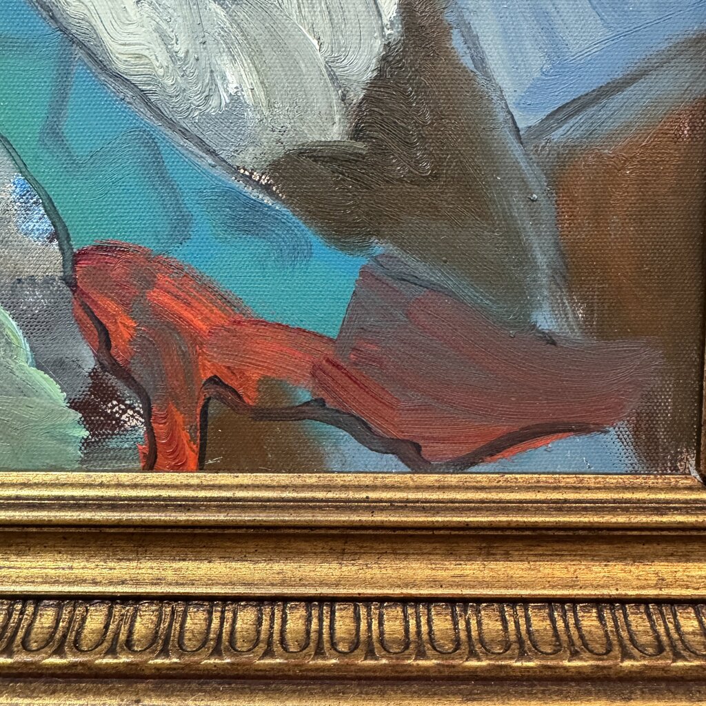 Vintage Colorful Abstract Oil of Woman Sitting in a Cafe by: M. Harold, a follower of Listed Artist Itzchak Tarkey 40Lx28H
