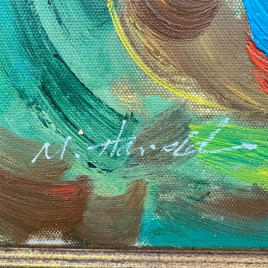 Vintage Colorful Abstract Oil of Woman Sitting in a Cafe by: M. Harold, a follower of Listed Artist Itzchak Tarkey 40Lx28H