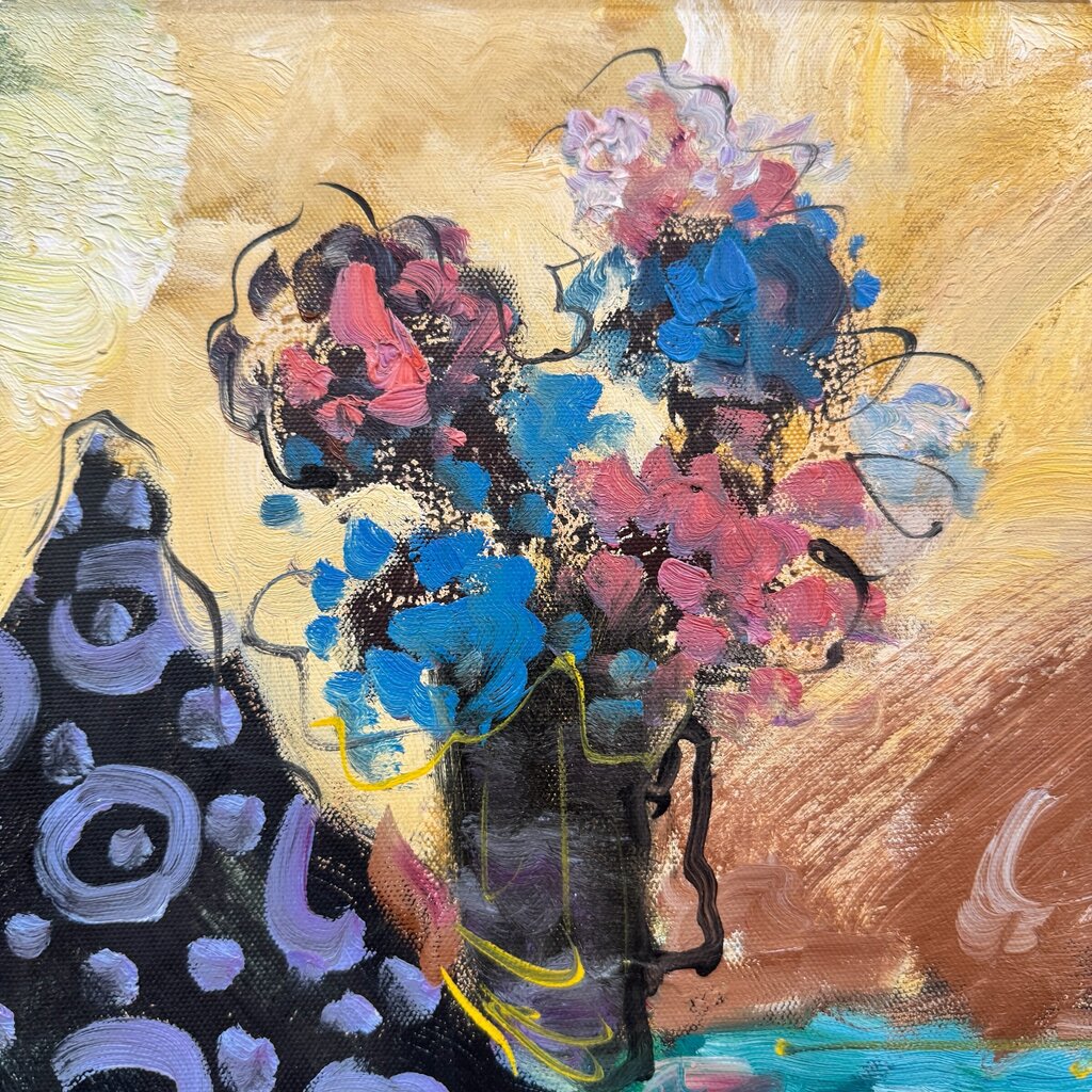 Vintage Colorful Abstract Oil of Woman Sitting in a Cafe by: M. Harold, a follower of Listed Artist Itzchak Tarkey 40Lx28H