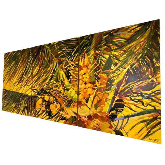 3 Panel Hawaiian Coconut Palm Tree Triptych Oil on Canvas by Listed Hawaiian Impressionists Artist Darrell Hill (1941-2013) each panel 37Lx47H (9.25')
