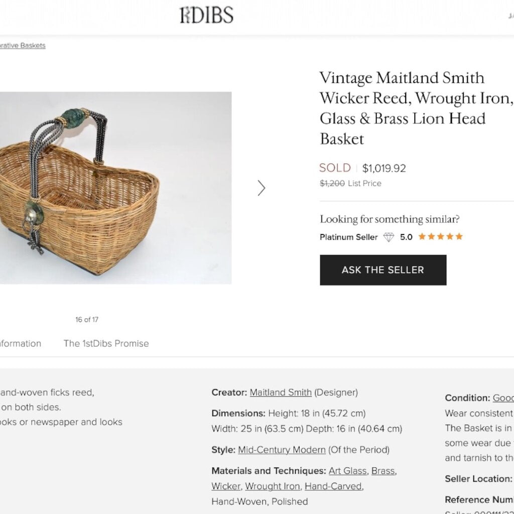 Vintage Maitland Smith Wicker Reed Basket w/ Wrought Iron Leaf Handle & Round Glass 24Lx15Wx18H