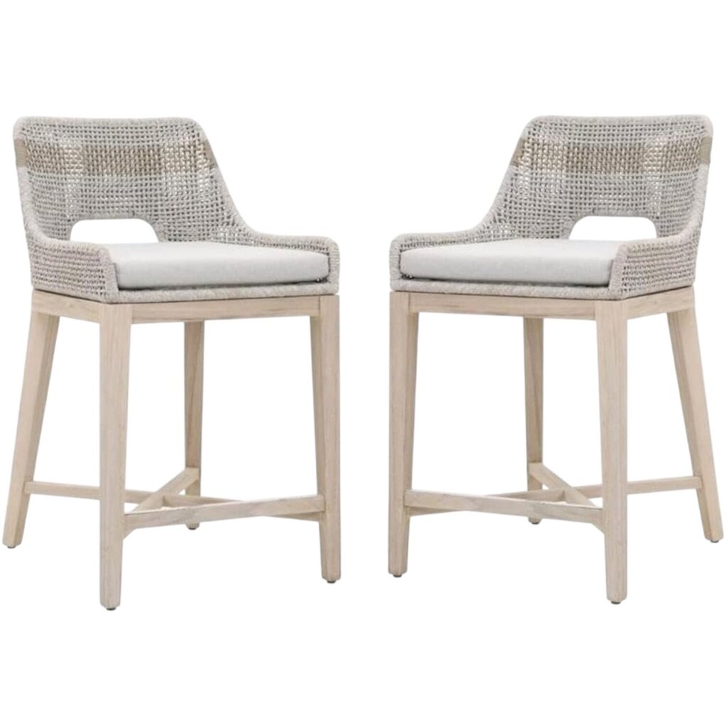Pair of Theodore Coastal Beach Taupe Woven Cushion Solid Grey Teak Indoor / Outdoor Counter Stools 21Lx21Wx35H