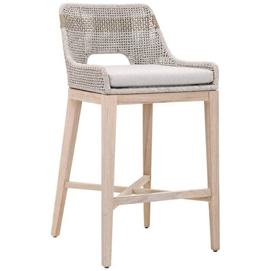 Pair of Theodore Coastal Beach Taupe Woven Cushion Solid Grey Teak Indoor / Outdoor Counter Stools 21Lx21Wx35H