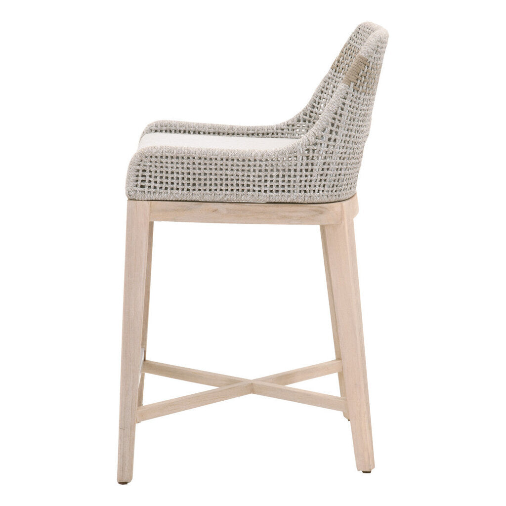 Pair of Theodore Coastal Beach Taupe Woven Cushion Solid Grey Teak Indoor / Outdoor Counter Stools 21Lx21Wx35H