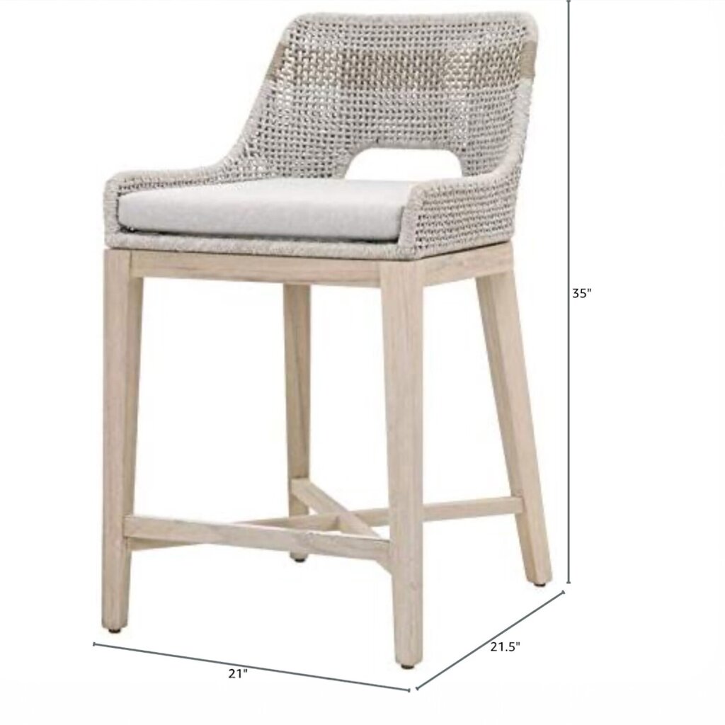 Pair of Theodore Coastal Beach Taupe Woven Cushion Solid Grey Teak Indoor / Outdoor Counter Stools 21Lx21Wx35H