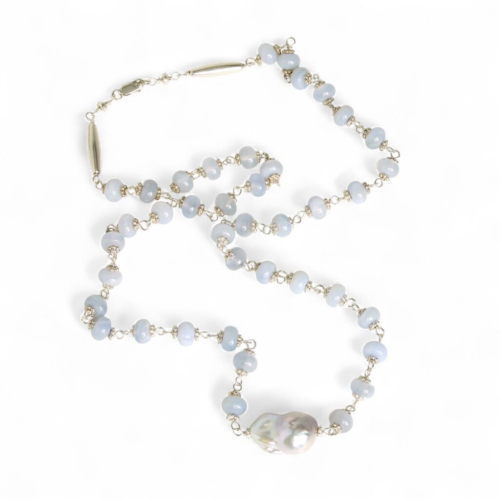 Blue Chalcedony, Baroque Freshwater Pearl & Sterling Silver Necklace