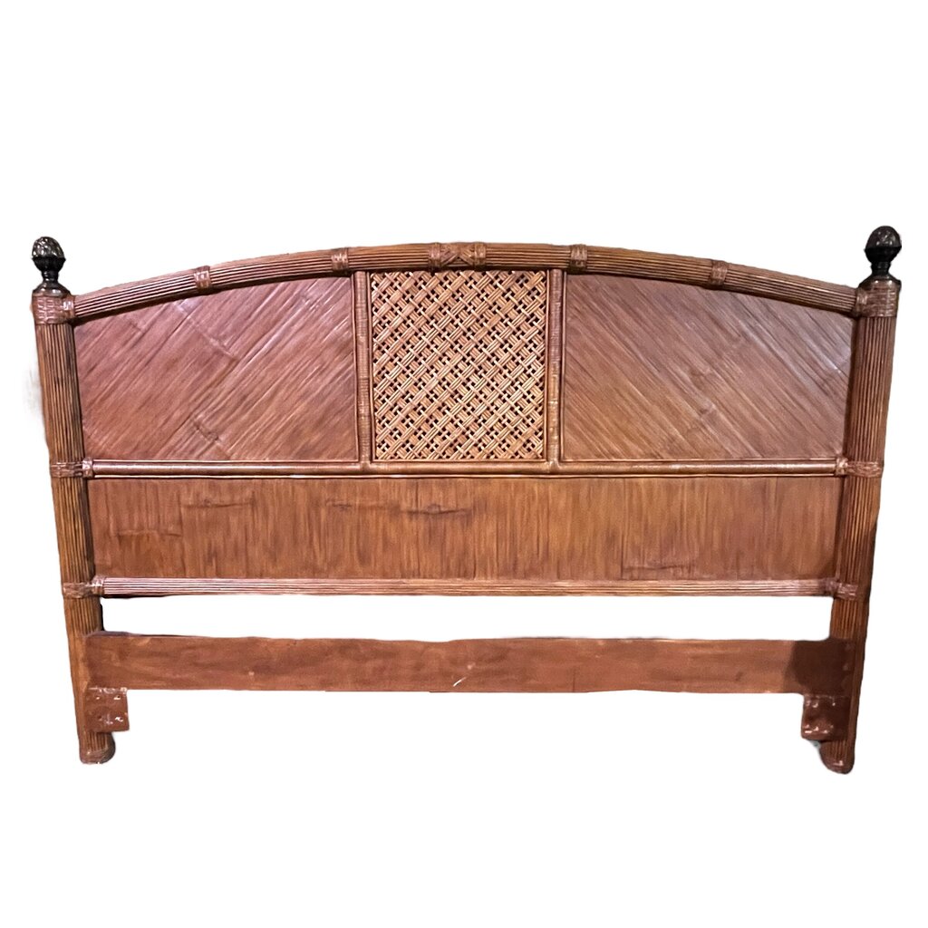 Bamboo Rattan Arched King Panel Headboard w/ Gold Pineapple Finials 84Lx56H