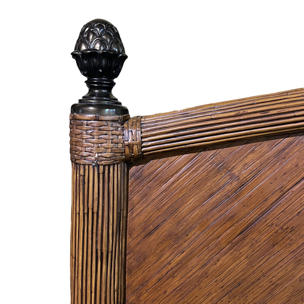 Bamboo Rattan Arched King Panel Headboard w/ Gold Pineapple Finials 84Lx56H