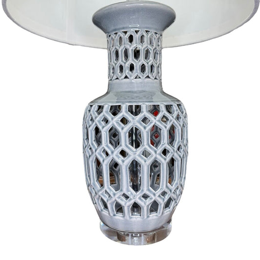 Pair of Regency Glazed Ceramic Urn Lamps w/ Crystal Base & Linen Shades 29"H