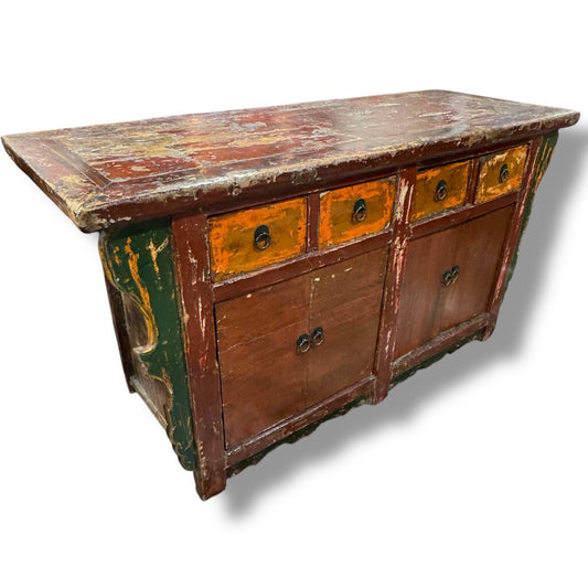 Antique Red Wood Chinoiserie Console w/ Brass Pulls 62Lx23Wx32H