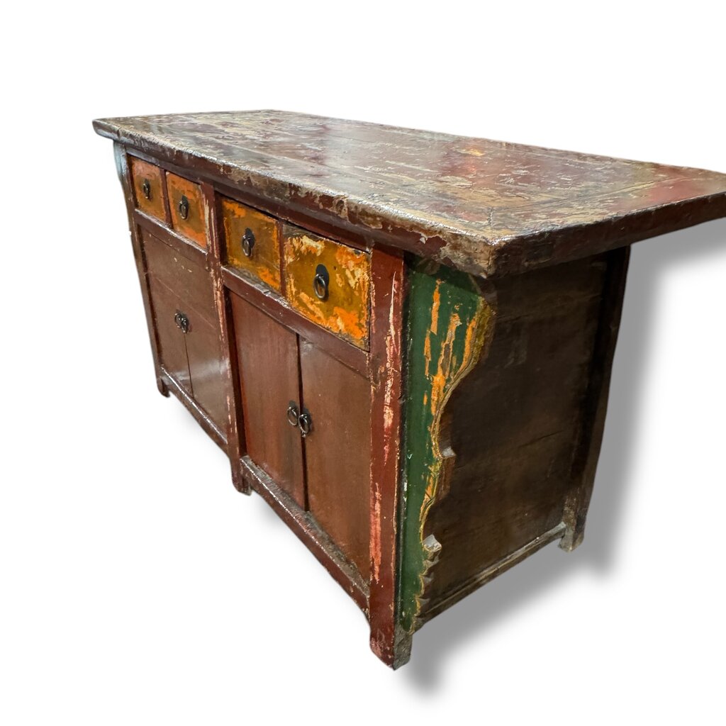 Reclaimed Antique Red Wood Chinoiserie Console w/ Brass Pulls 62Lx23Wx32H