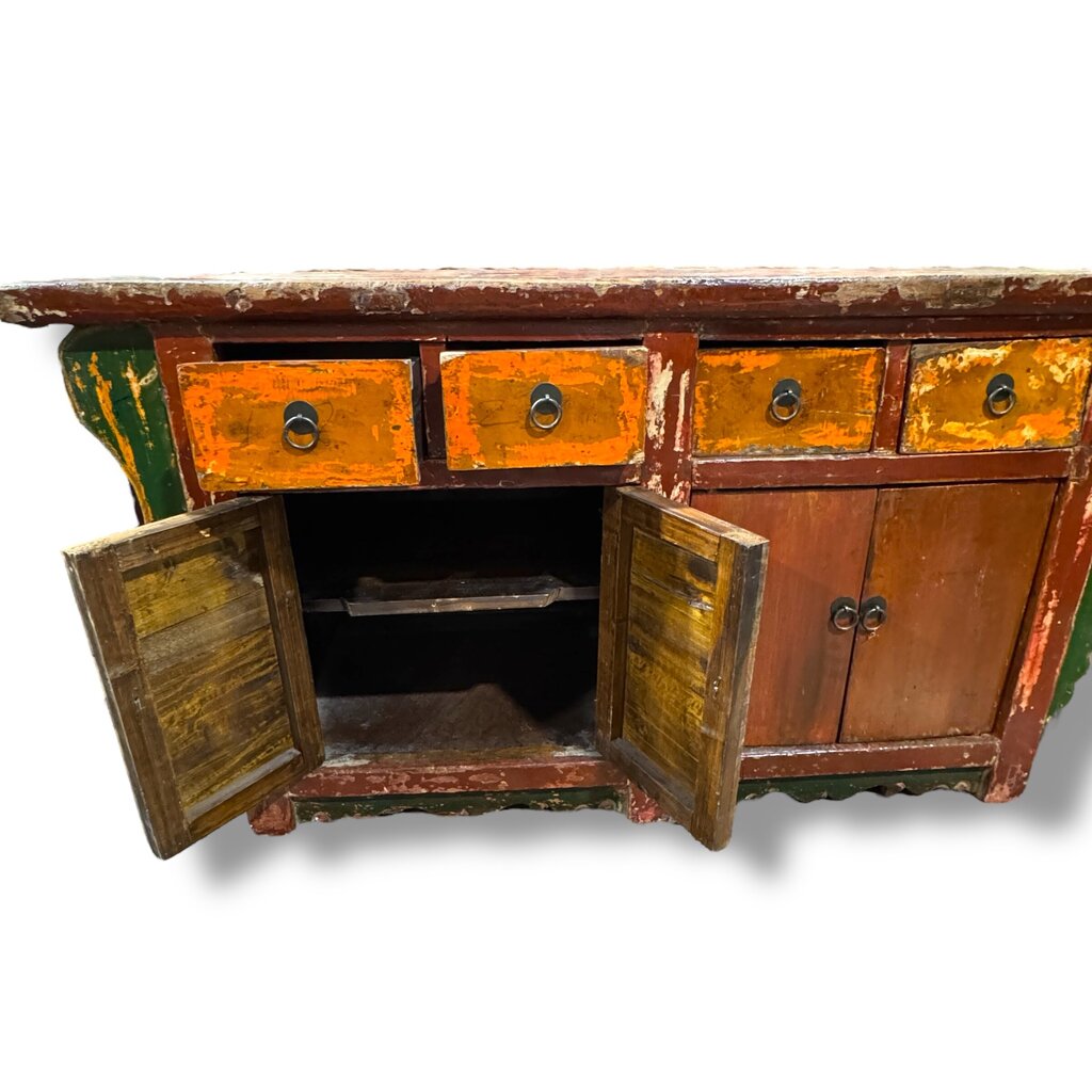 Reclaimed Antique Red Wood Chinoiserie Console w/ Brass Pulls 62Lx23Wx32H