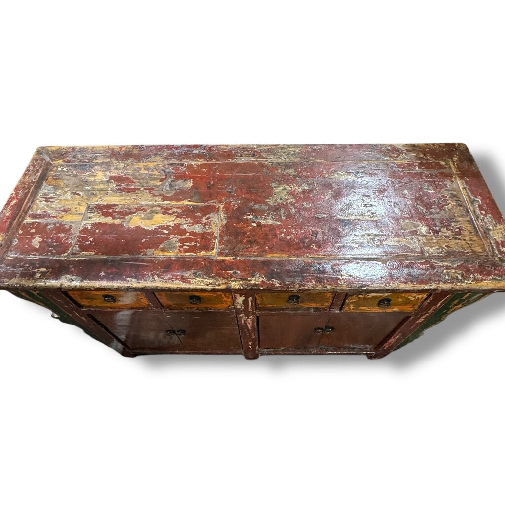 Reclaimed Antique Red Wood Chinoiserie Console w/ Brass Pulls 62Lx23Wx32H