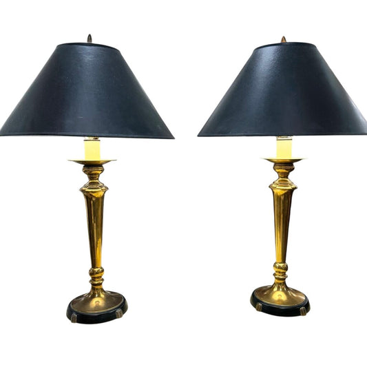 Pair of Vintage Brass Lamps w/ New Brunswick Black Shades 17Wx28H