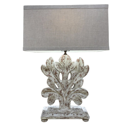 Wooden Whitewash Coral Lamp w/ Linen Shade 18Lx10Wx29H