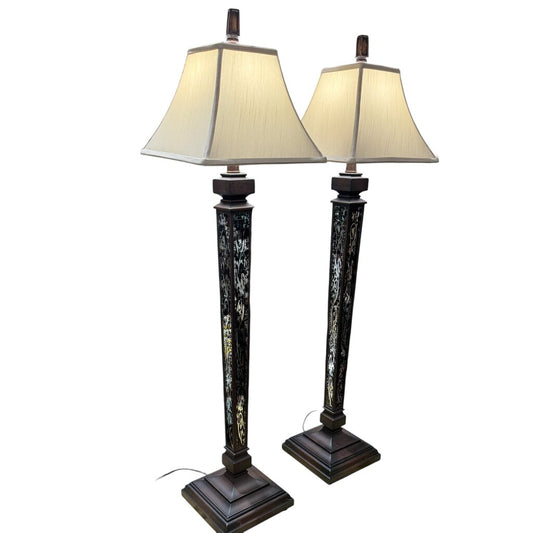 Pair of Mirror & Ebony Obelisk Style Buffet Lamps 12Wx42H