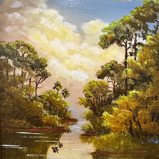 Florida Artist Jimmy Stovall (1951) Highwaymen Style Nature River Scene Oil Painting on Masonite 14Wx16H