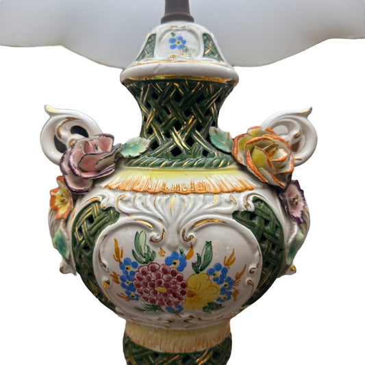Vintage Floral Capodimonte Porcelain Table Lamp w/ Dolphin Metal Base 31" tall w/ New Designer Linen Shade