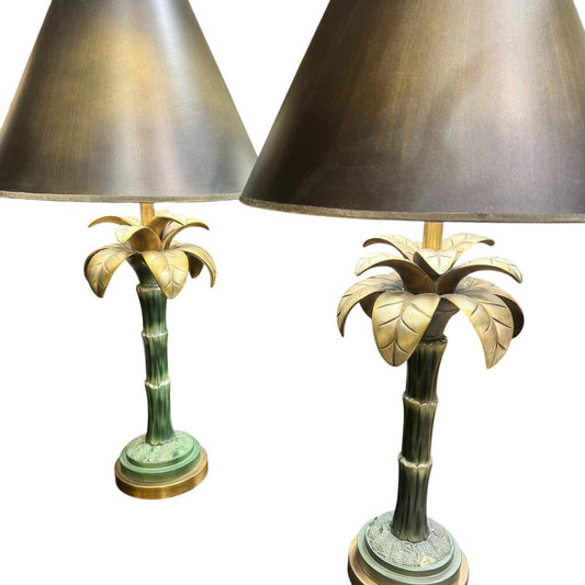Pair of Gold & Green Palm Tree Table Lamps w/ Black/Gold Shades 33" tall