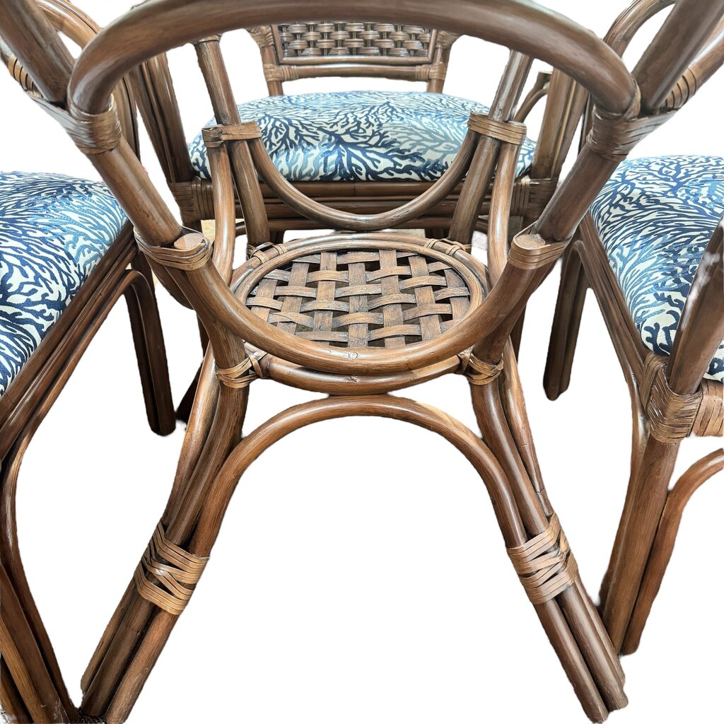 Rattan Dining Table w/ 42" Glass & 4 Upholstered Chairs in Dwell Navy (White Avail & Fabric of Your Choice)