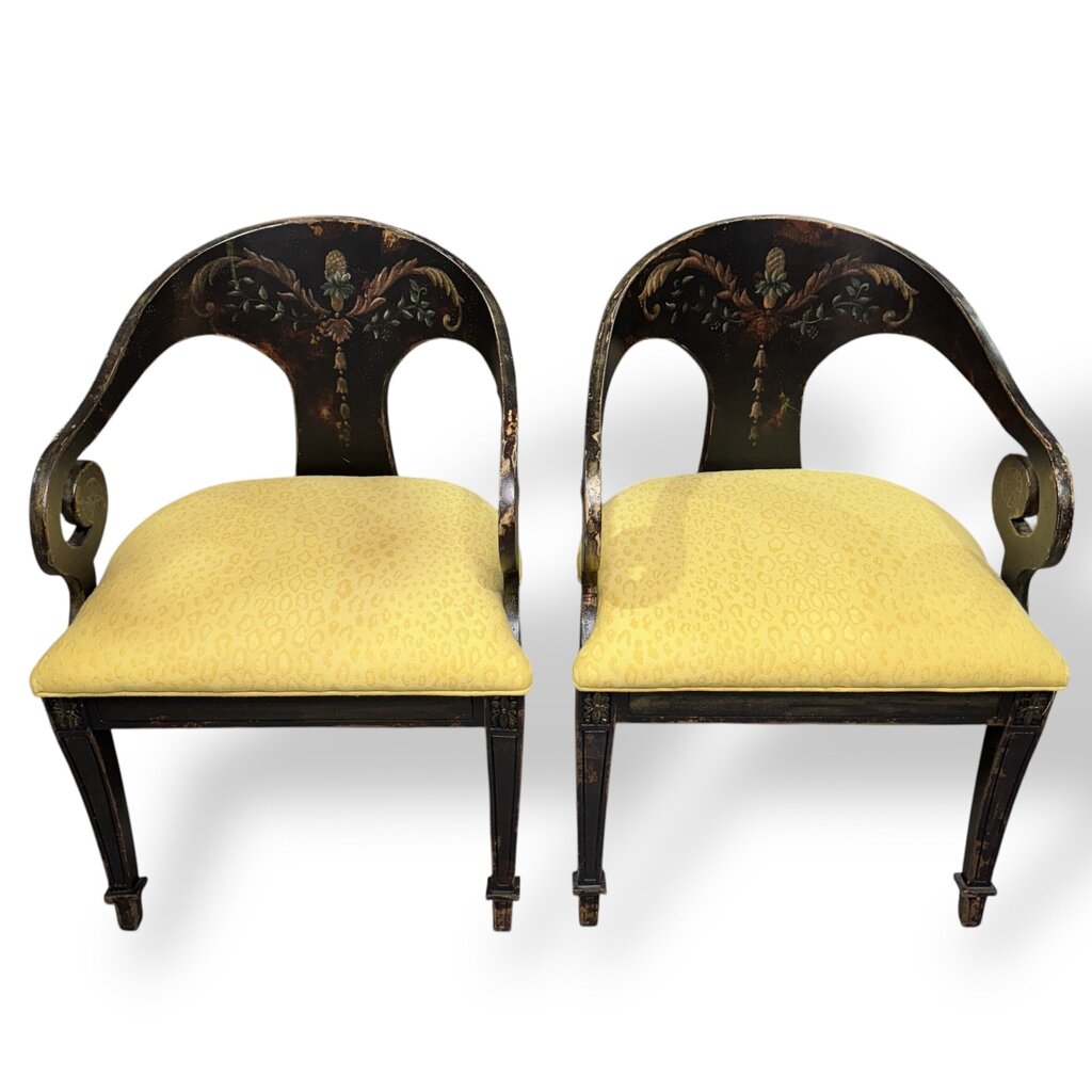 Pair of Habersham Neoclassical Hand-crafted/painted Black Lacquered Chairs Upholstered in Yellow Leopard Patterned Fabric