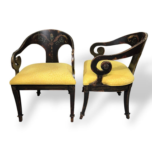 Pair of Habersham Neoclassical Hand-crafted/painted Black Lacquered Chairs Upholstered in Yellow Leopard Patterned Fabric