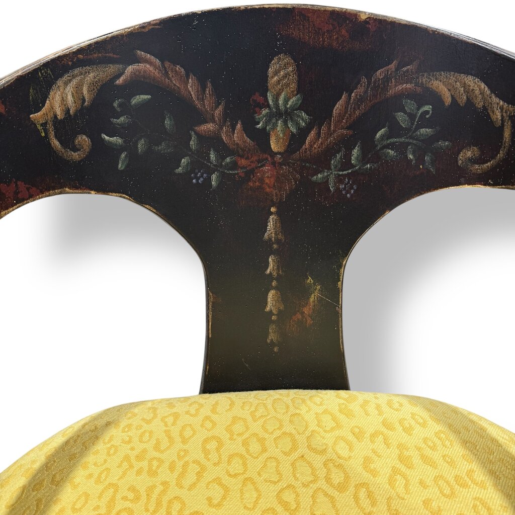Pair of Habersham Neoclassical Hand-crafted/painted Black Lacquered Chairs Upholstered in Yellow Leopard Patterned Fabric