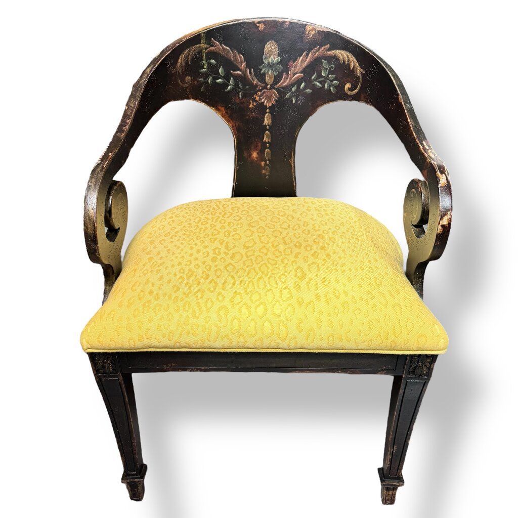 Pair of Habersham Neoclassical Hand-crafted/painted Black Lacquered Chairs Upholstered in Yellow Leopard Patterned Fabric