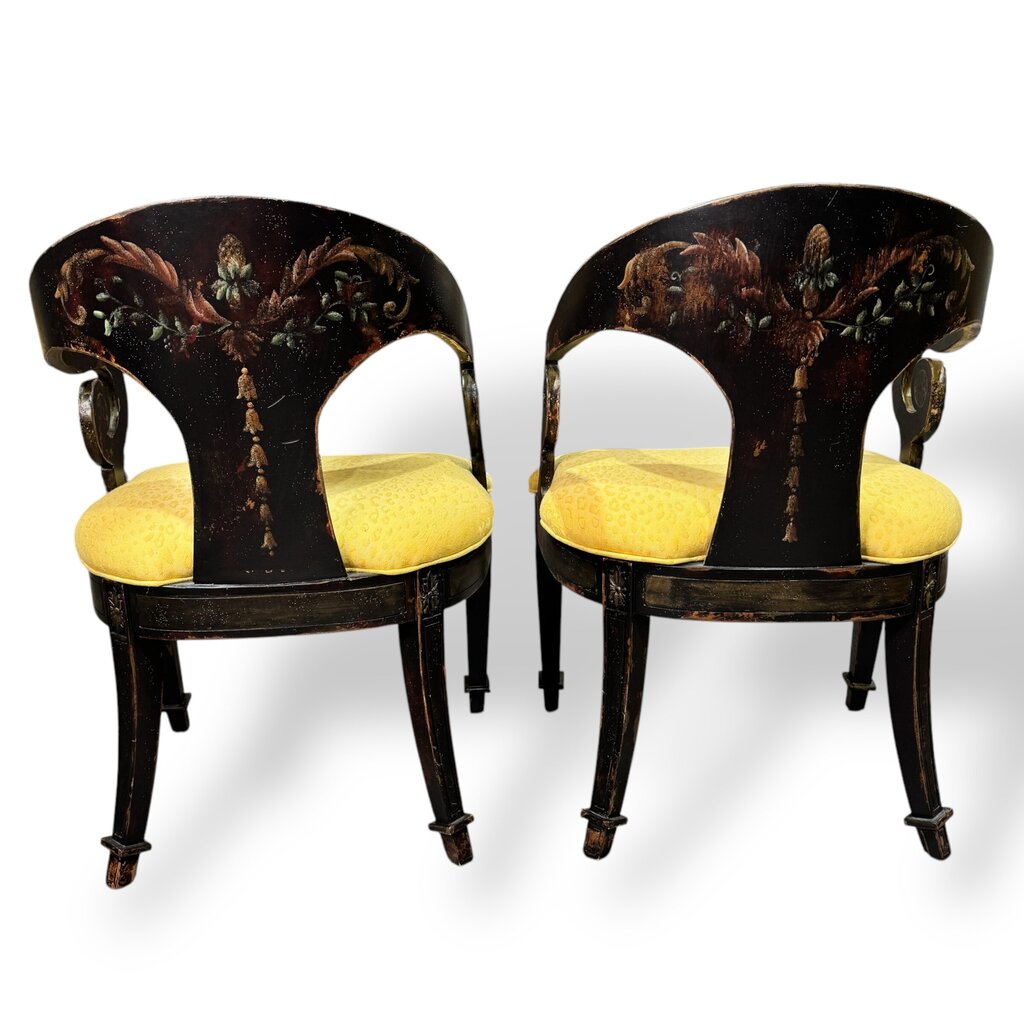 Pair of Habersham Neoclassical Hand-crafted/painted Black Lacquered Chairs Upholstered in Yellow Leopard Patterned Fabric