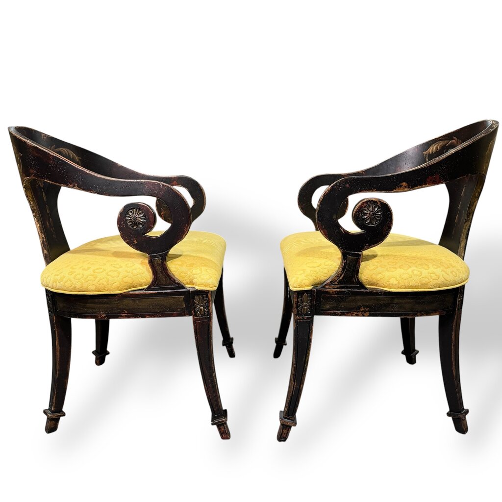 Pair of Habersham Neoclassical Hand-crafted/painted Black Lacquered Chairs Upholstered in Yellow Leopard Patterned Fabric
