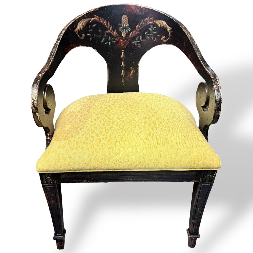 Pair of Habersham Neoclassical Hand-crafted/painted Black Lacquered Chairs Upholstered in Yellow Leopard Patterned Fabric