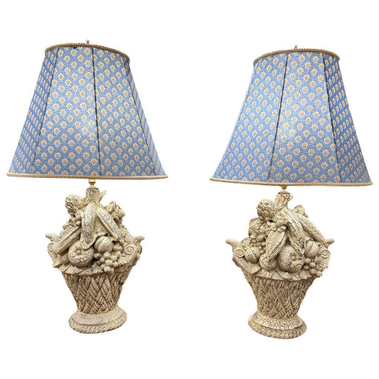 Pair of Italian Fruit Basket Lamps w/ Designer Pale Blue Shades 34" tall